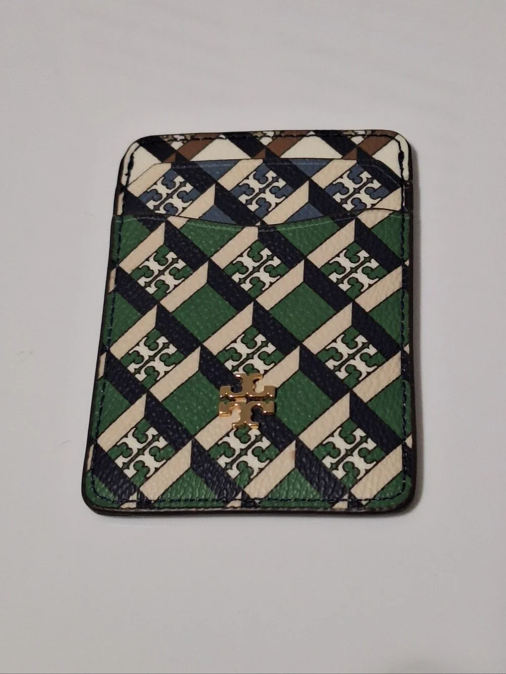 Tory Burch Geo Logo Color-Block Card Case Green Navy NWT Style 84754